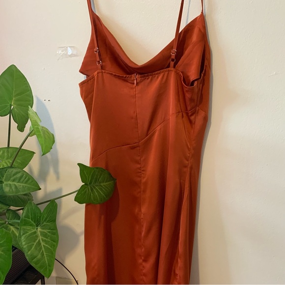 Dark Orange Silk/ Satin Long Dress with Slit - Picture 4 of 6
